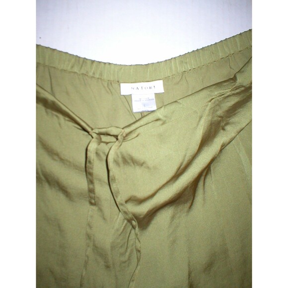 New NWT Designer Natori Crop Green Pants Silky Womens L Lounge Satin Embroidered - Picture 2 of 7